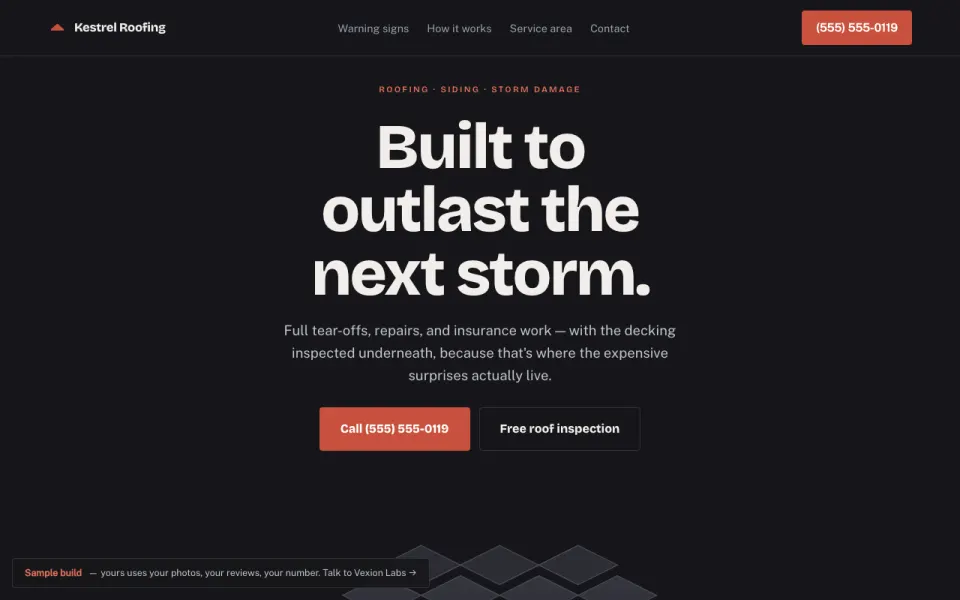 Sample roofing website built by Vexion Labs